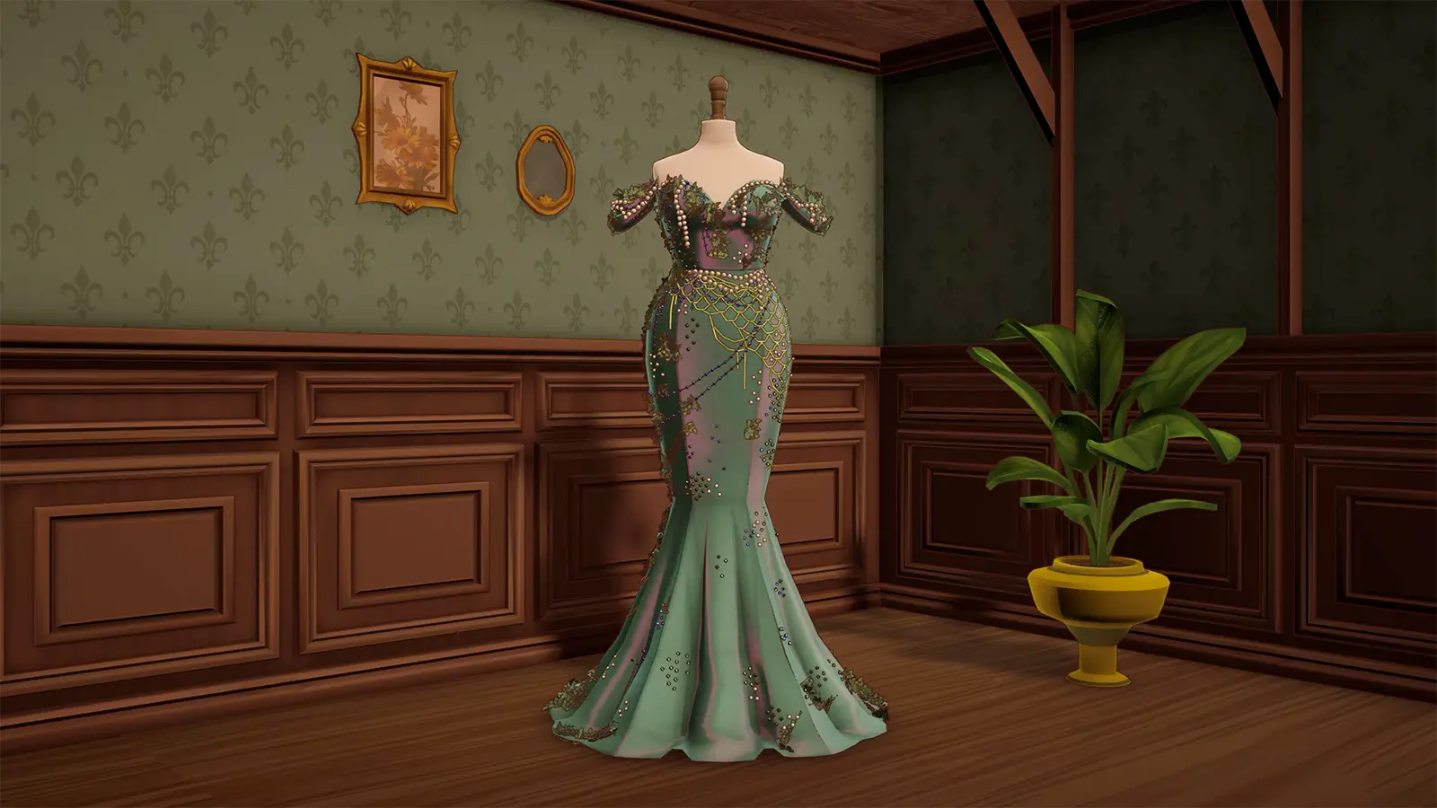 A fitted teal Dressmaker gown on the mannequin