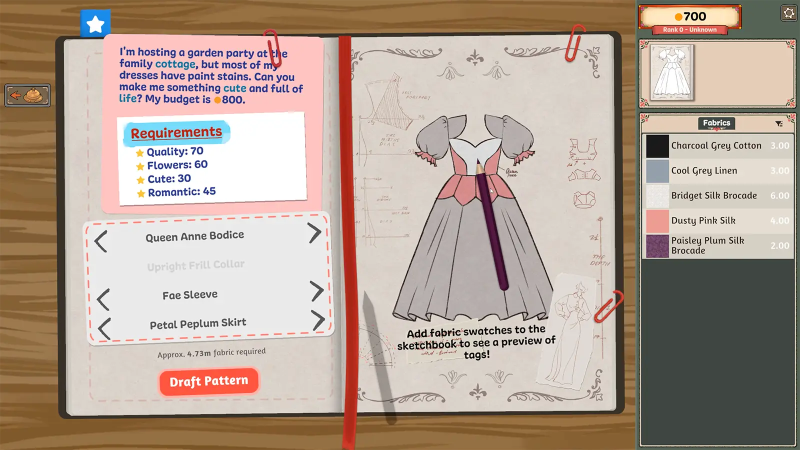 The Dressmaker sketchbook showing a commission brief, garment pieces, and clothing requirements