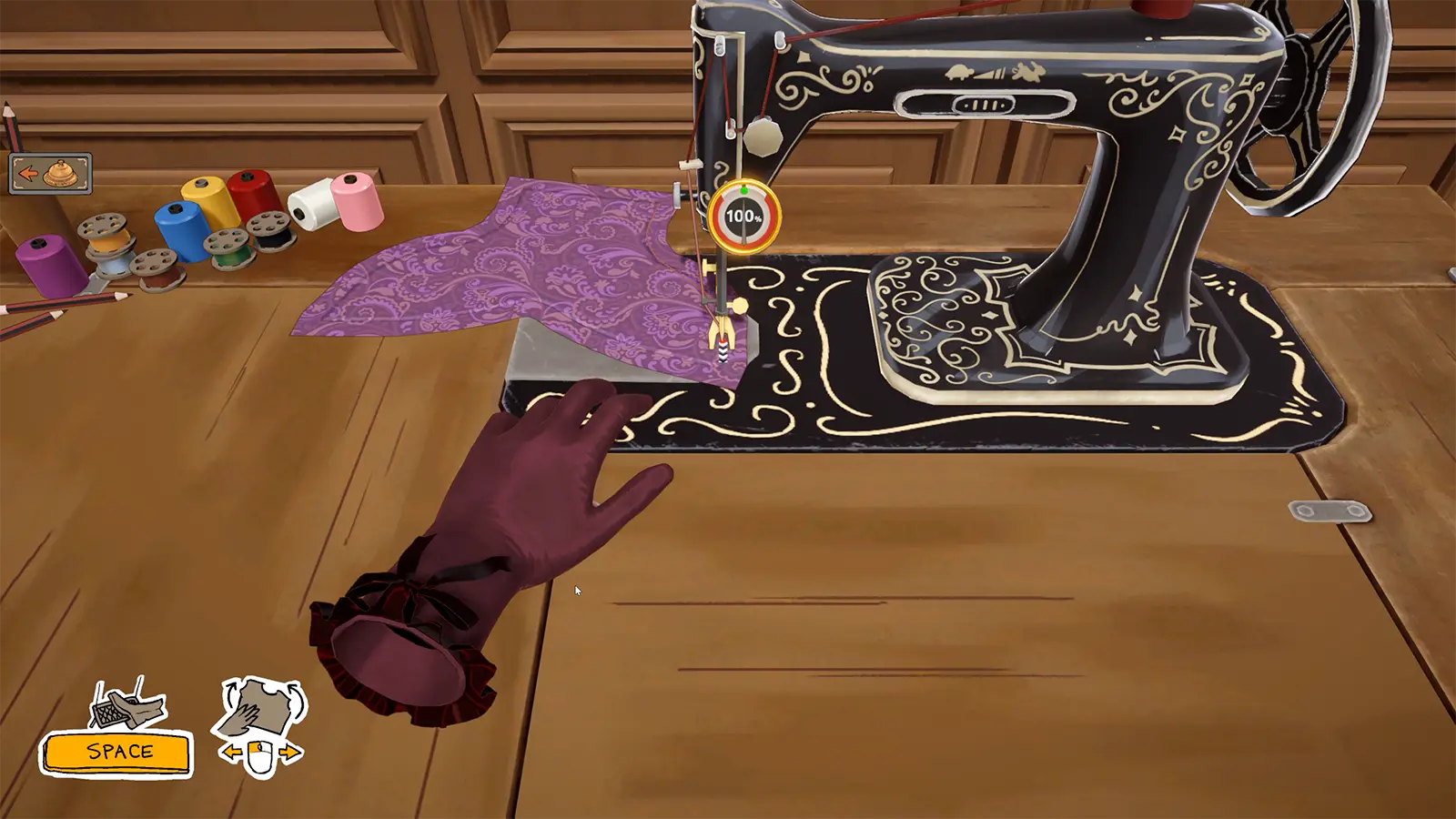 A purple fabric panel being guided through a vintage sewing machine