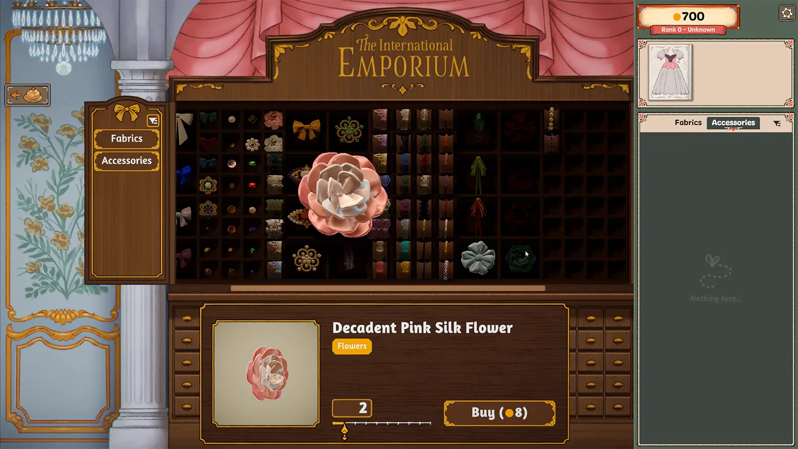 The Dressmaker accessories shop showing bows, flowers, feathers, and decorative pieces